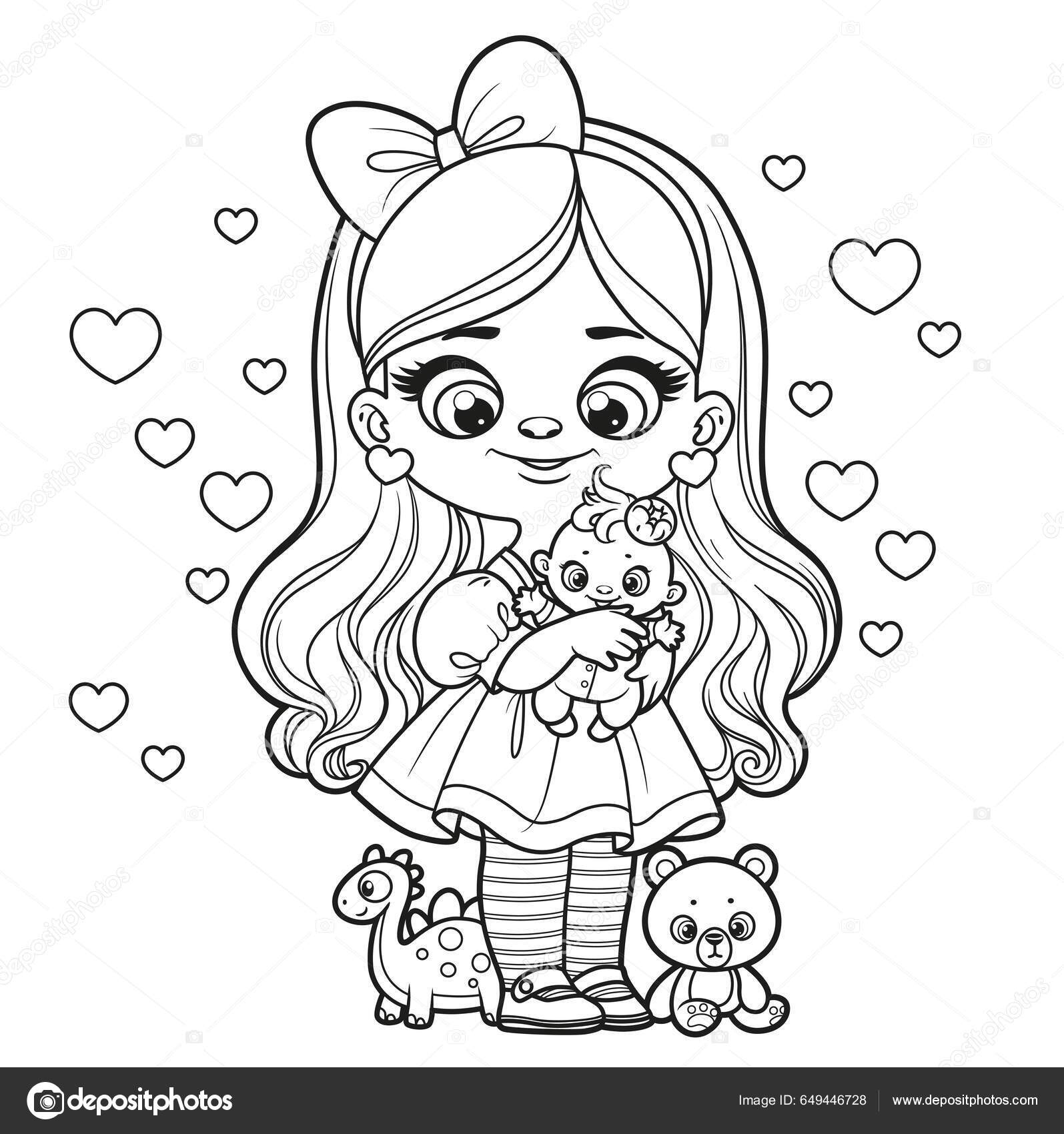 Menina Bonito Desenho Animado Com Boneca Brinquedos Delineados Para Colorir  vetor(es) de stock de ©yadviga 649446728